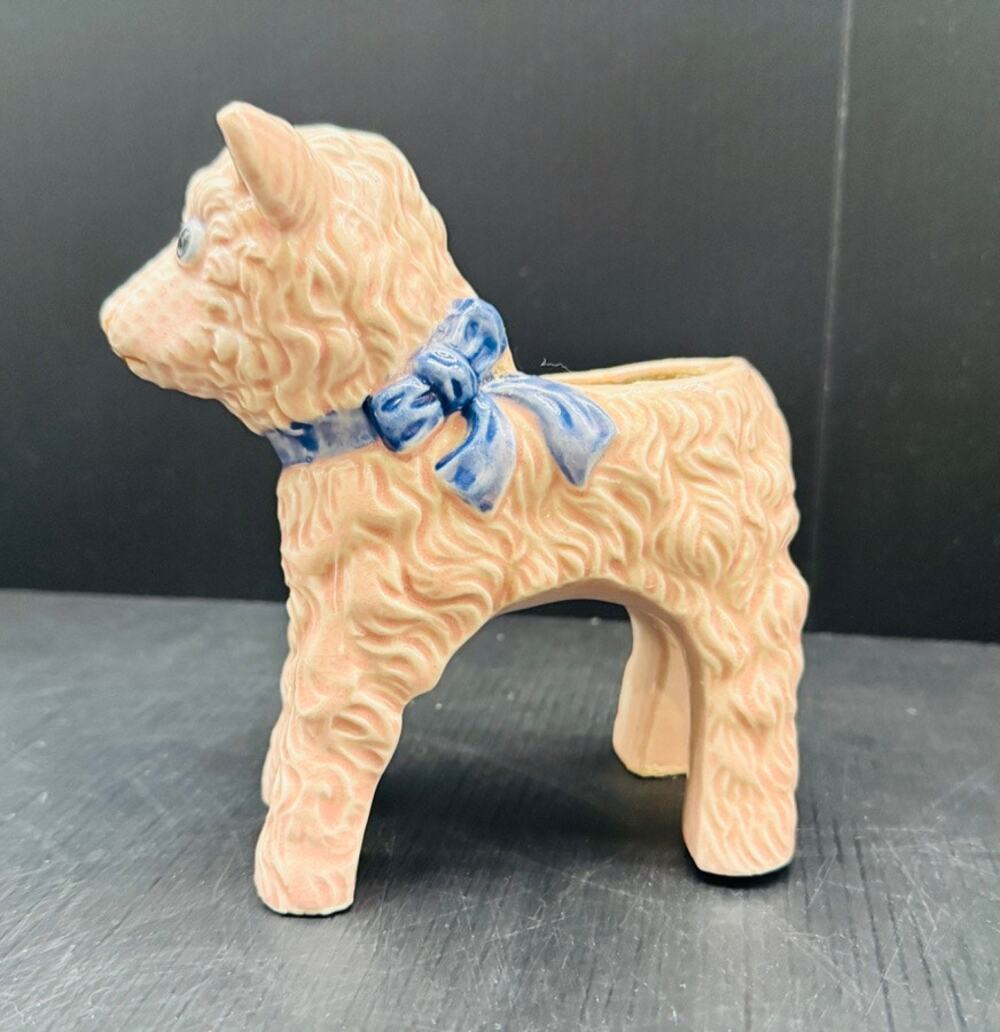 Pottery Pink Lamb Sheep w/ Blue Bow Planter Occupied Japan Nursery 1940-1950's